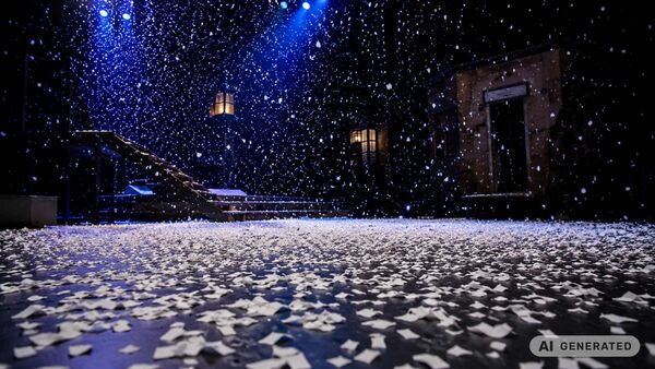 BRANOflame as artificial snow on a theatre stage, creating a realistic winter backdrop whilst ensuring safe use.