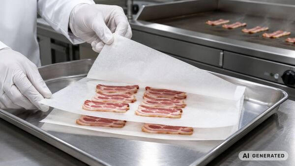Blechrein baking paper for transporting and frying bacon Blechrein release paper in bacon production, used to ensure the clean separation of individual strips of bacon and to facilitate efficient frying processes.
