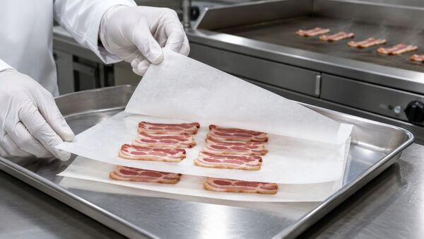 Blechrein Trennpapier für den Transport und das Braten von Bacon Blechrein Trennpapier in der Baconproduktion, eingesetzt zur sauberen Trennung einzelner Speckstreifen und für effiziente Bratprozesse.