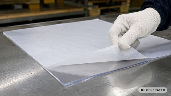 BRANOperl pour des processus de séparation propres dans l'industrie des matières plastiques Pièce en plastique transparent avec papier de séparation BRANOperl servant de protection de surface dans la transformation moderne des matières plastiques – Protection des plaques sensibles en PET et en verre acrylique contre les rayures et les dommages.