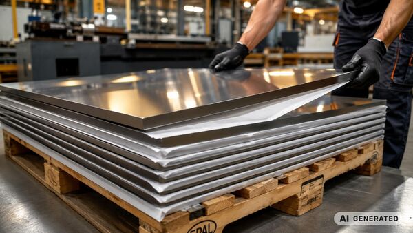 High-gloss polished metal sheets with white siliconised release paper as a separator layer on a Euro pallet in a modern heating furnace production facility – an employee lifts the top metal sheet, with the focus on surface protection, industrial precision and high-quality metalwork.