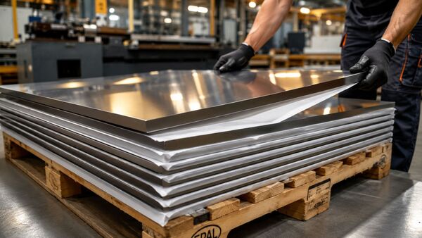 Metallplatten mit silikonisiertem Trennpapier in moderner Heizofenproduktion Hochglanzpolierte Metallplatten mit weißem silikonisiertem Trennpapier als Zwischenlage auf Europalette in moderner Heizofenproduktion – Mitarbeiter hebt obere Metallplatte an, Fokus auf Oberflächenschutz, industrielle Präzision und hochwertige Metallverarbeitung.