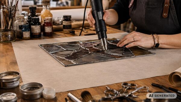 A close-up of an artist carrying out precise handiwork with a hot-air gun on a flame-retardant protective mat made of special paper in a modern artist’s studio. Creative tools, paints and materials are visible on a warmly lit workbench, creating a professional studio atmosphere.