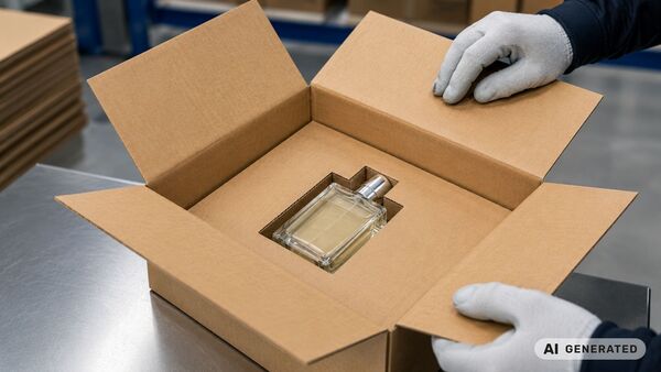 BRANOseal, une alternative durable aux inserts en mousse Insert en carton ondulé BRANOseal dans un emballage d'expédition durable avec un flacon de parfum parfaitement adapté – insert en carton ondulé auto-adhésif, alternative sans plastique aux emballages en mousse dans un environnement industriel moderne.