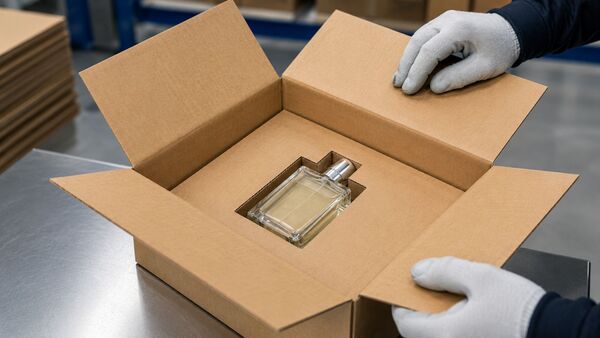 BRANOseal als nachhaltige Alternative zu Schaumstoff-Inlays BRANOseal Wellpappe-Inlay in nachhaltiger Versandverpackung mit passgenauem Parfümflakon – selbsthaftendes Wellpapp-Inlay als plastikfreie Alternative zu Schaumstoffverpackungen in moderner Industrieumgebung.