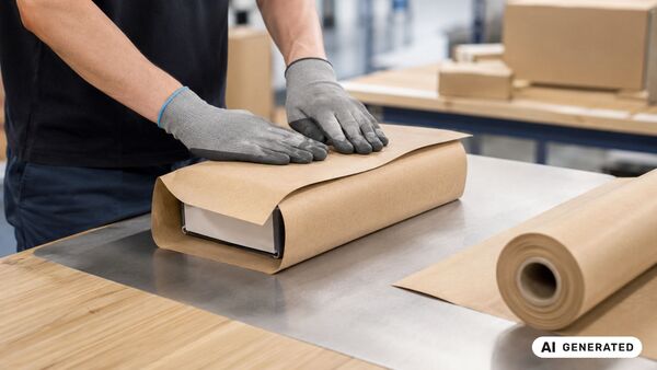 BRANOseal self-adhesive paper for reliable fastening in industrial applications A specialist packs a product using BRANOseal self-adhesive kraft paper on a modern packing table – sustainable, paper-based industrial packaging without adhesive tape, using a self-adhesive packaging solution