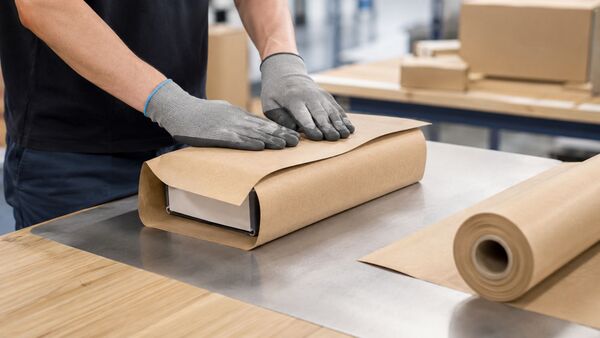 BRANOseal Selbstklebepapier für zuverlässige Fixierung in industriellen Anwendungen Fachkraft verpackt ein Produkt mit BRANOseal selbstklebendem Kraftpapier auf modernem Verpackungstisch – nachhaltige papierbasierte Industrieverpackung ohne Klebeband mit selbsthaftender Verpackungslösung