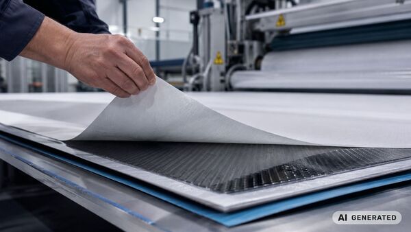Papier antiadhésif siliconé utilisé dans la fabrication industrielle de composites Gros plan sur un papier antiadhésif siliconé dans une usine moderne de fabrication de composites : le papier antiadhésif technique se détache proprement d'un panneau composite enduit de résine. Structure en carbone visible, séparation précise des matériaux et environnement de production industriel axé sur une qualité de surface haut de gamme et un traitement professionnel des composites.