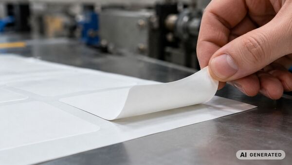 A close-up of a die-cut self-adhesive label being carefully peeled away by hand along the die-cut edge from siliconised release liner. A visible separation line between the label and the release liner in an industrial production environment for labels and adhesive tapes.