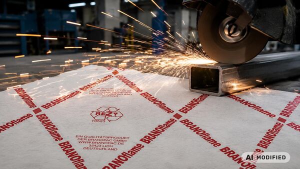 BRANOflame protective paper in an industrial production area to reduce the risk of sparks and protect sensitive work surfaces.