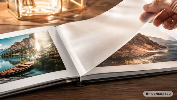 An open premium photo album with transparent, silicone-coated dividers between high-gloss photographs, displayed on an elegant wooden table in warm daylight – a high-quality protective solution for photo prints and memories.
