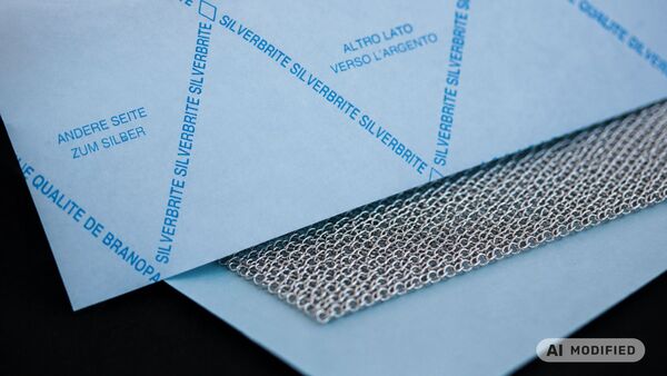 Close-up macro shot of SILVERBRITE silver polishing paper featuring a high-quality silver mesh – technical protective paper for silverware, jewellery and delicate metal surfaces, with an original blue print and elegant product presentation.