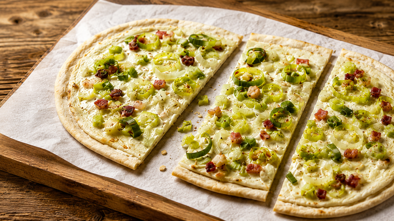 Frisch belegter Flammkuchen auf Blechrein Basic Papier, serviert auf einem Backblech und garniert mit Lauch, Pistazien und cremigem Belag.