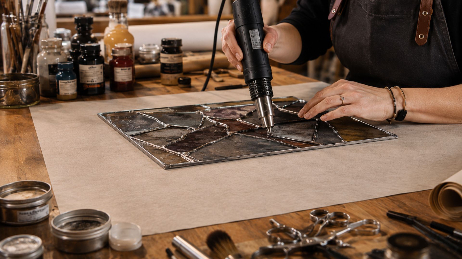 Künstlerin arbeitet mit Heißluftföhn auf flammhemmender Schutzunterlage im modernen Atelier Nahaufnahme einer Künstlerin bei präziser Handarbeit mit Heißluftföhn auf einer flammhemmenden Schutzunterlage aus Spezialpapier im modernen Künstleratelier. Sichtbar sind kreative Werkzeuge, Farben und Materialien auf einem warm beleuchteten Arbeitstisch mit professioneller Atelier-Atmosphäre.