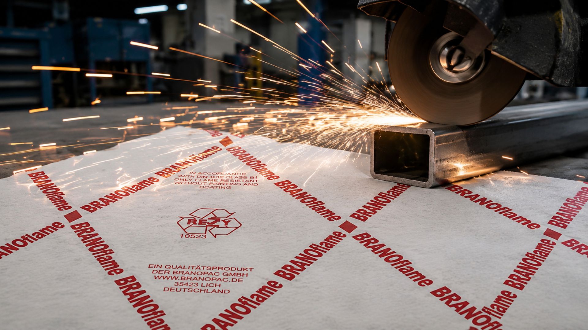 BRANOflame protective paper in an industrial production area to reduce spark risks and protect sensitive work surfaces.