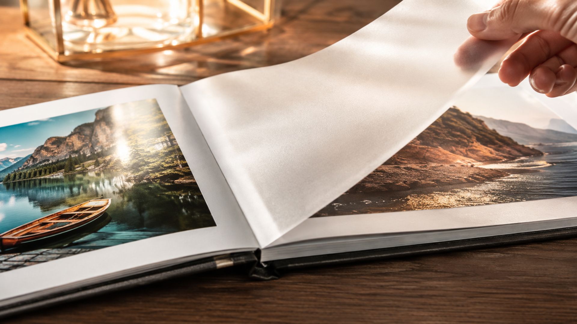 Geöffnetes Premium-Fotoalbum mit transparenten silikonisierten Trennblättern zwischen hochglänzenden Fotografien auf edlem Holztisch im warmen Tageslicht – hochwertige Schutzlösung für Fotoabzüge und Erinnerungen.