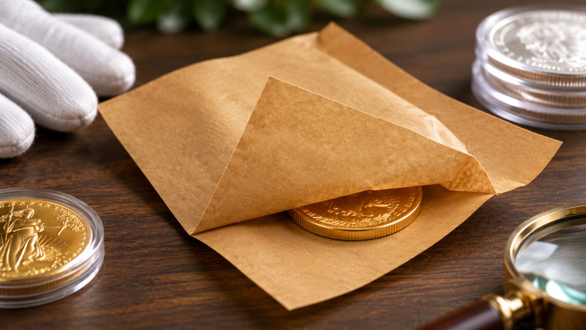 Wertvolle Goldmünze in selbstklebendem Verpackungspapier eingeschlagen und sicher geschützt auf einem Arbeitstisch mit weiteren Sammlermünzen. Hochwertige Verpackungslösung für Münzen, Edelmetalle und numismatische Sammlerstücke mit Fokus auf Oberflächenschutz, Nachhaltigkeit und professionelle Handhabung.