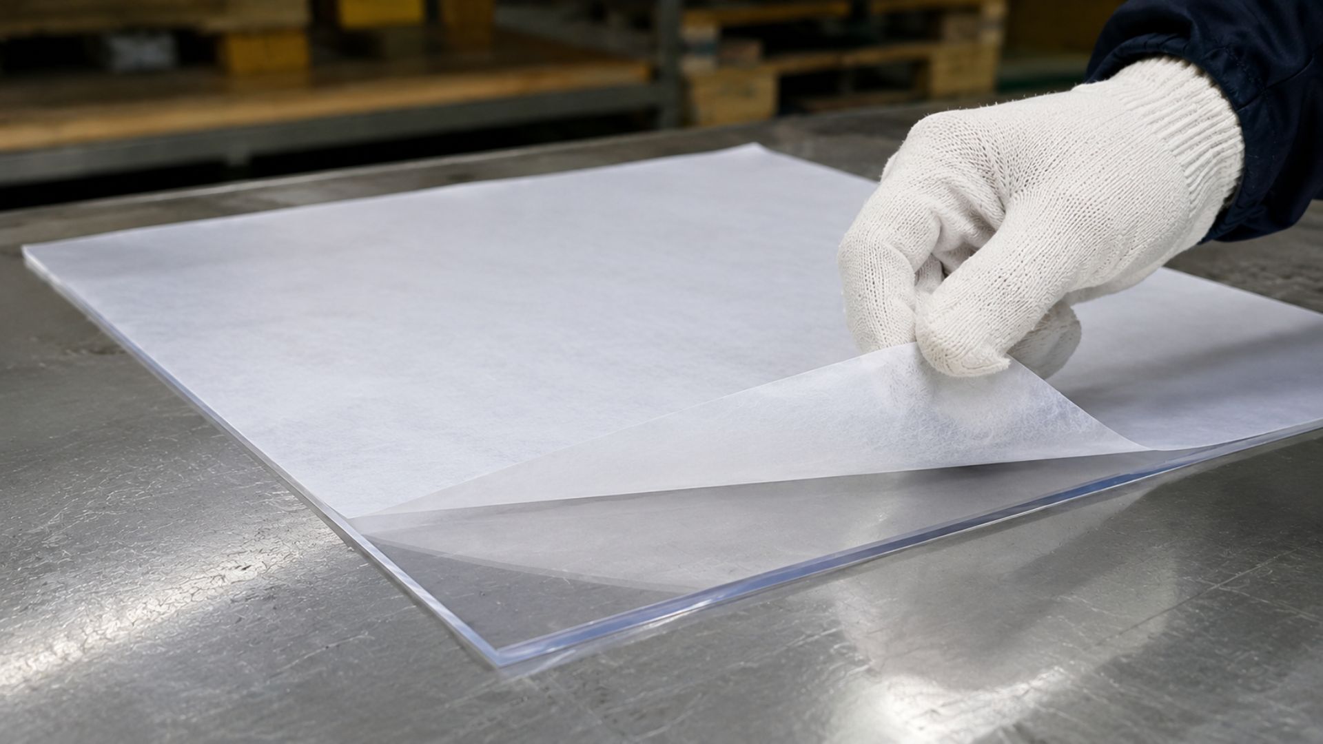 Transparentes Kunststoffteil mit BRANOperl Trennpapier als Oberflächenschutz in moderner Kunststoffverarbeitung – Schutz empfindlicher PET- und Acrylglasplatten vor Kratzern und Beschädigungen.
