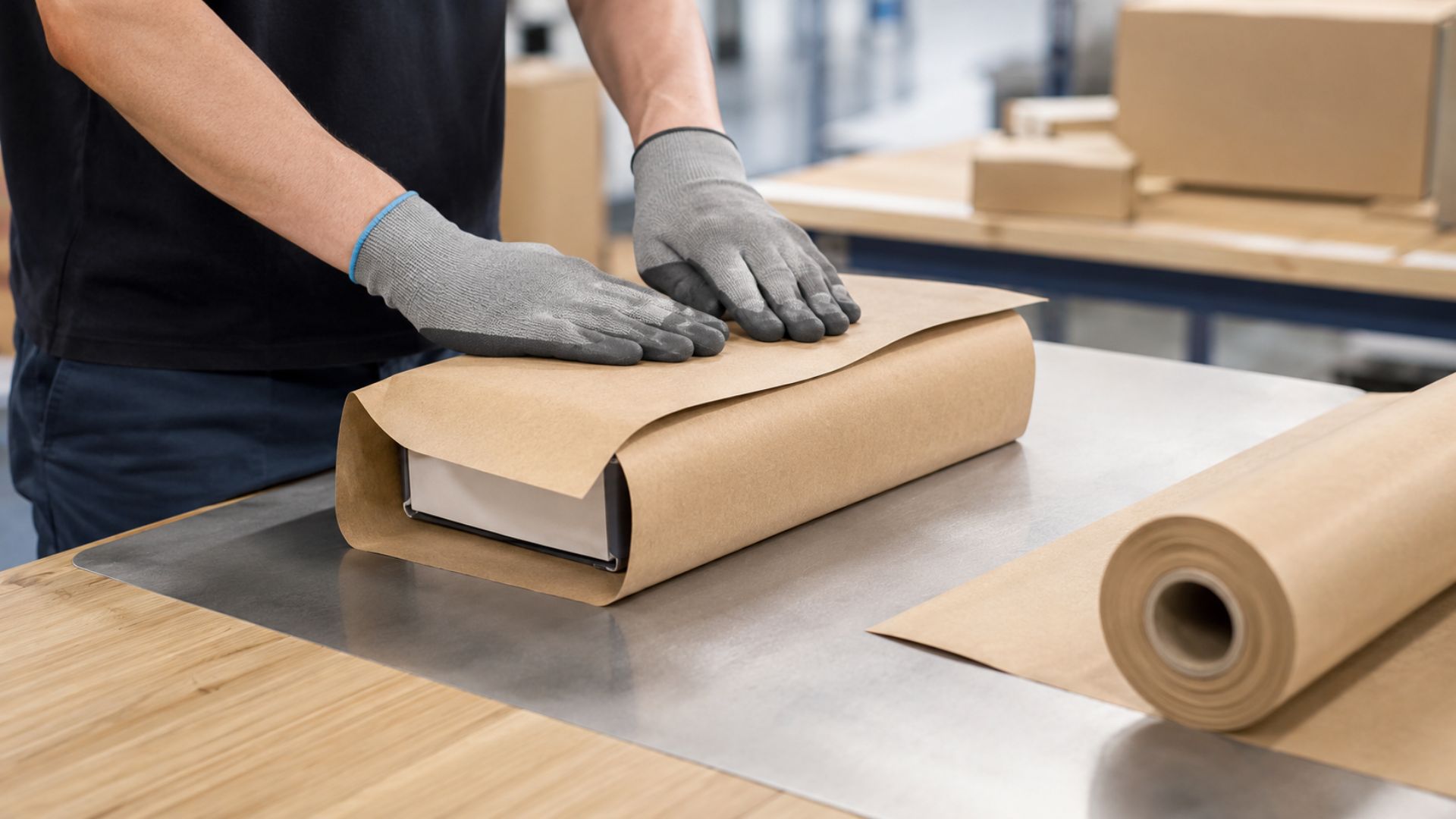 A specialist packs a product using BRANOseal self-adhesive kraft paper on a modern packing table – sustainable, paper-based industrial packaging without adhesive tape, using BRANOseal’s self-adhesive packaging solution.