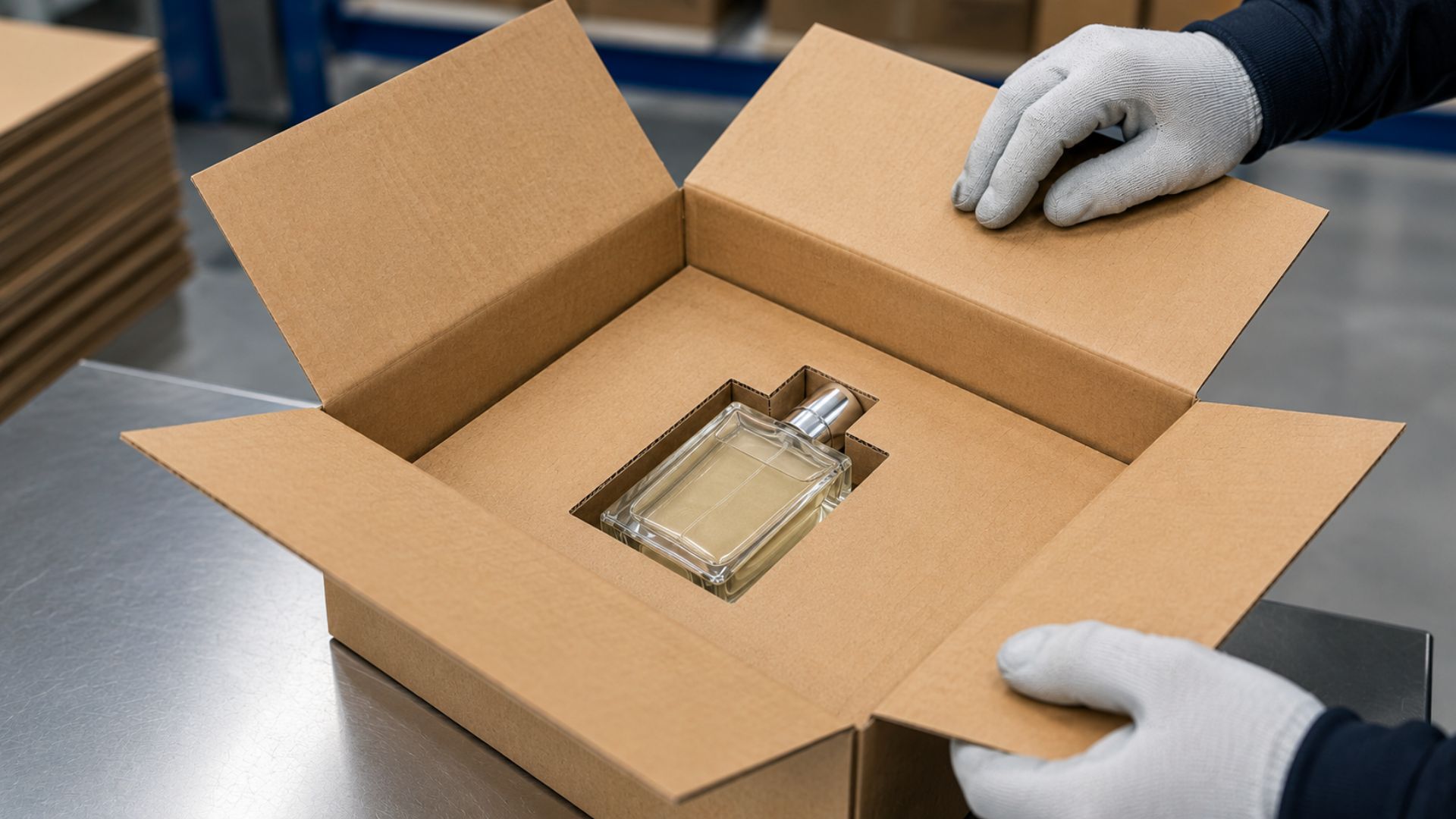 BRANOseal corrugated cardboard inlay in sustainable shipping packaging with a custom-fit perfume bottle – a self-adhesive corrugated cardboard inlay as a plastic-free alternative to foam packaging in a modern industrial setting.