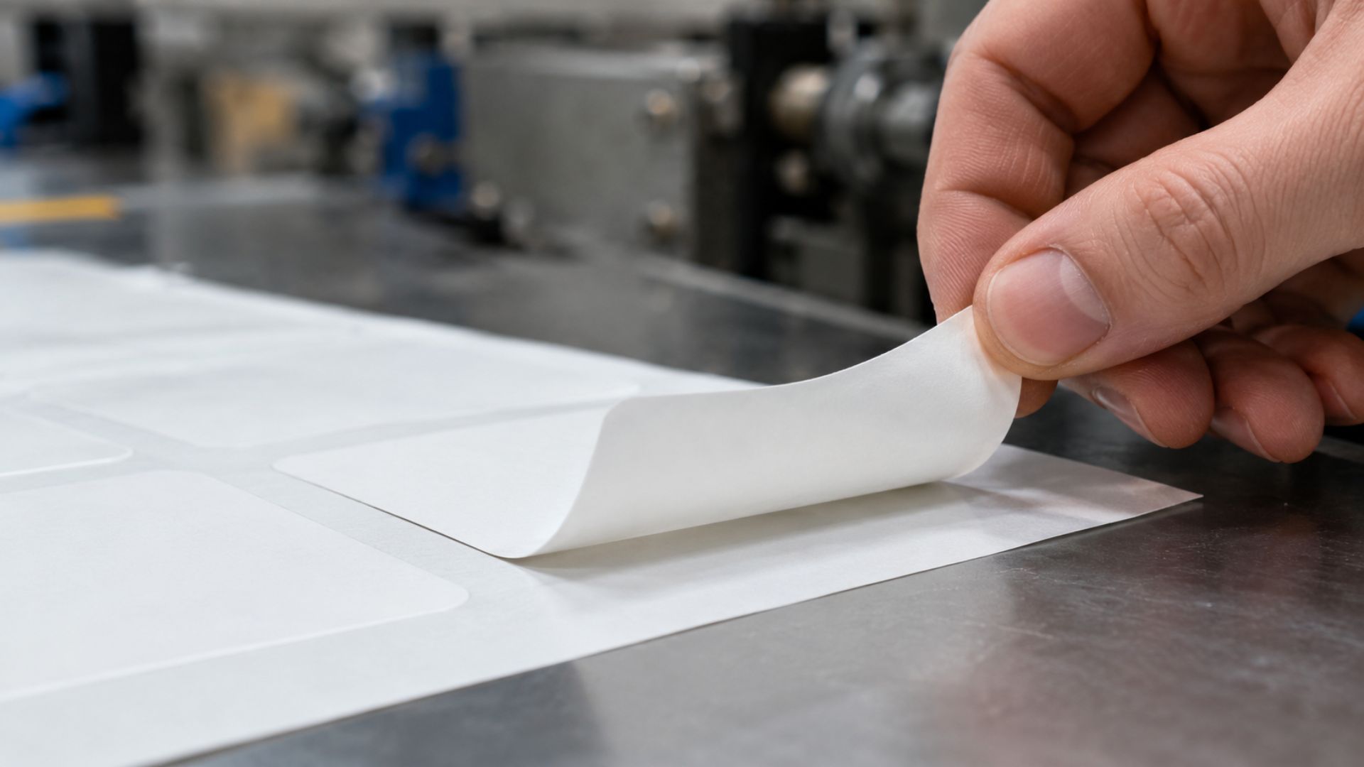 Nahaufnahme eines gestanzten selbstklebenden Etiketts, das von einer Hand kontrolliert entlang der Stanzkante von silikonisiertem Trägerpapier (Release Liner) abgezogen wird. Sichtbare Trennlinie zwischen Etikett und Trägerpapier in einer industriellen Produktionsumgebung für Etiketten und Klebebänder.