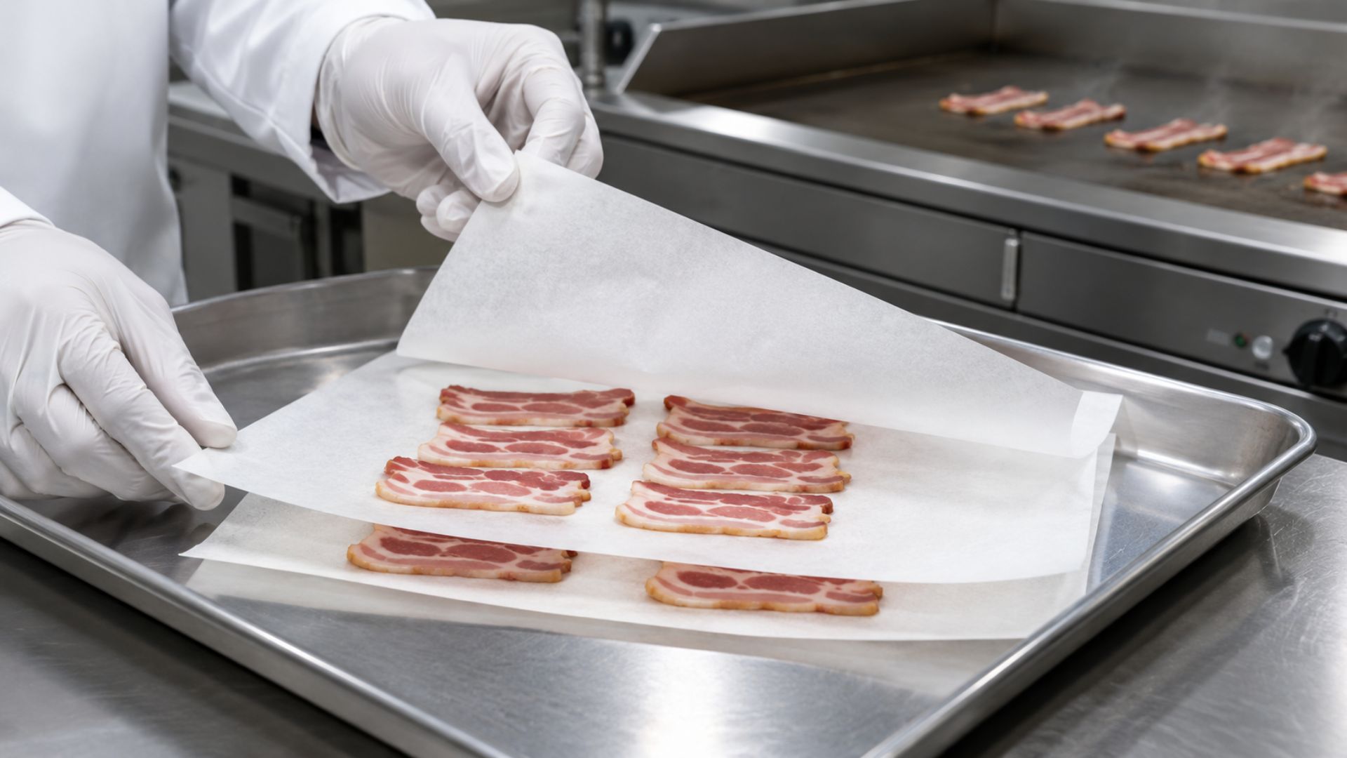Blechrein Trennpapier in der Baconproduktion, eingesetzt zur sauberen Trennung einzelner Speckstreifen und für effiziente Bratprozesse.